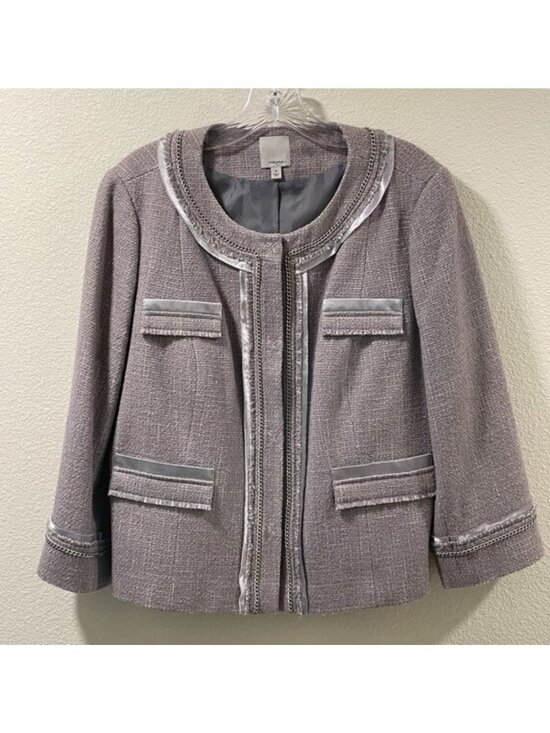 Halogen Jackets & Blazers - HALOGEN Wool Blend Embellished Gray Tweed Blazer 3/4 Sleeve Women XL